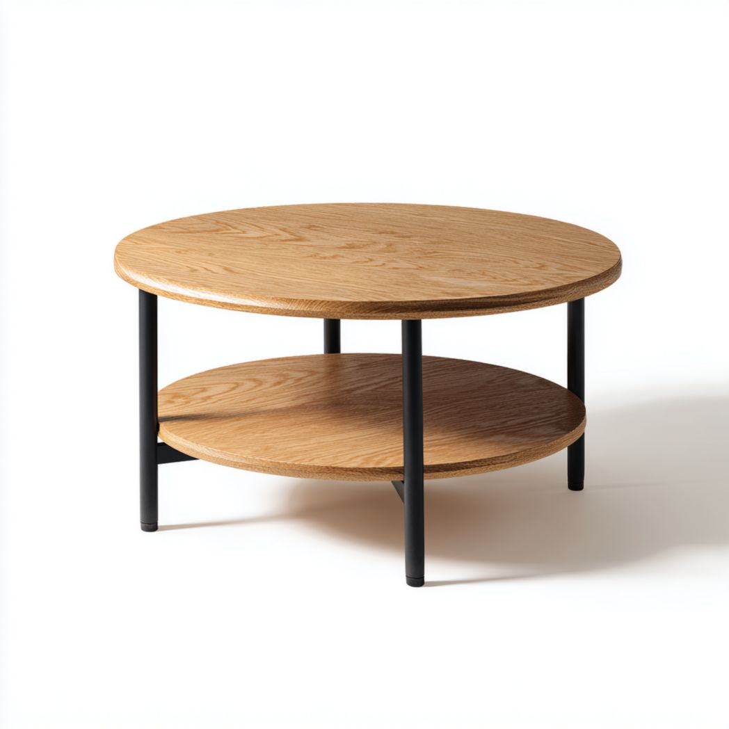 Tavolino da caffè rotondo in legno con ripiano inferiore – 90 x 90 x 45 cm