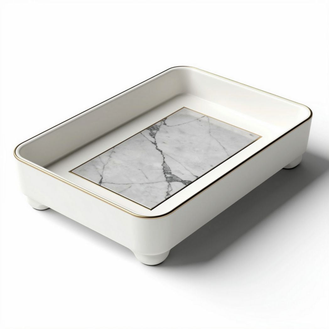 Vassoio in ceramica con dettagli in marmo per decorazione tavola – 25 x 18 x 5 cm